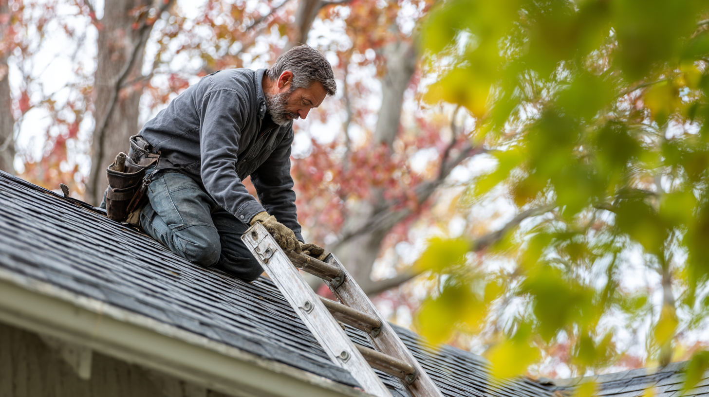 Homeowner performing DIY roof repair with ladder and tools