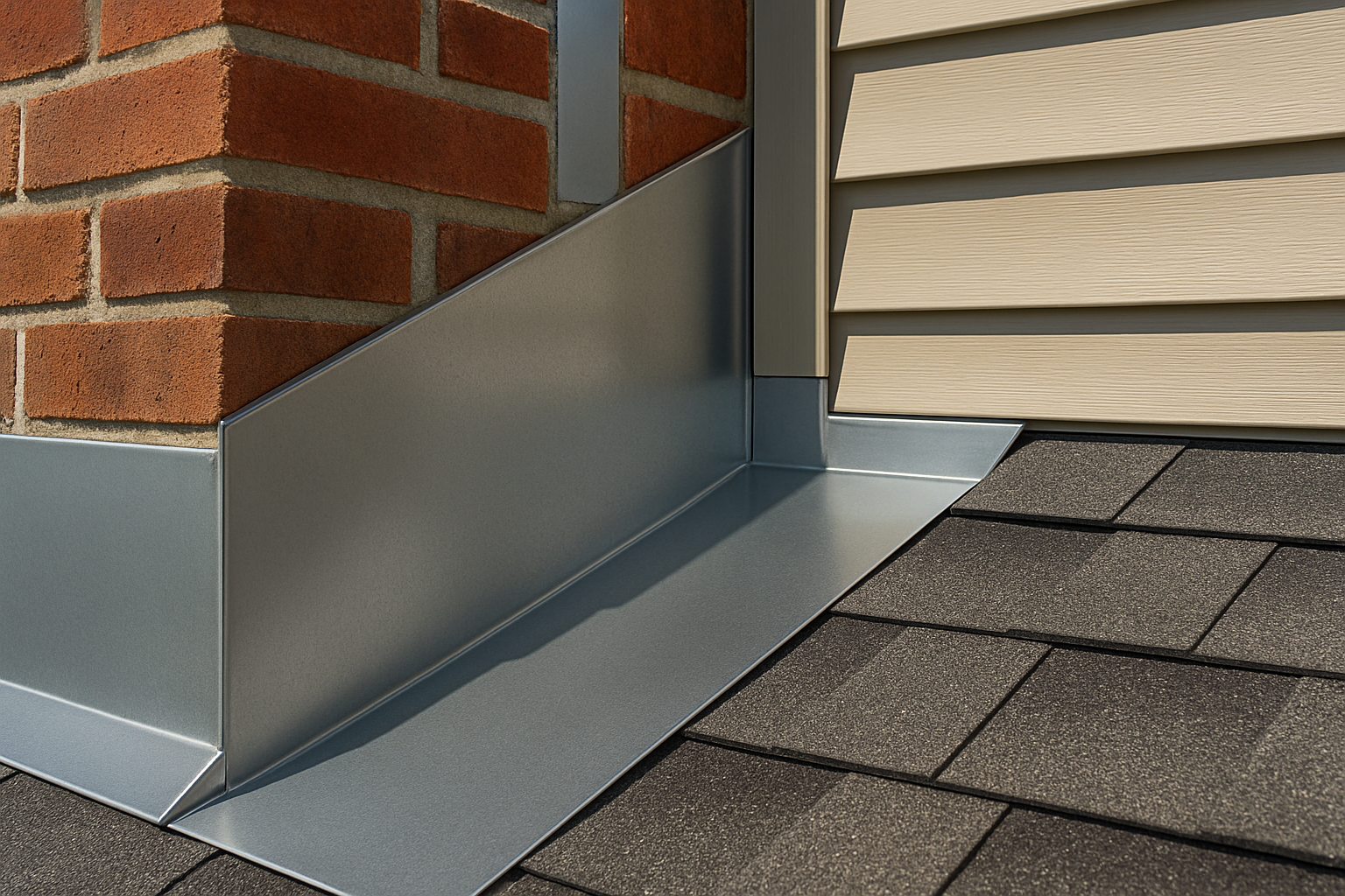 A close-up photo of new, properly installed roof flashing around a chimney and sidewall on an asphalt shingle roof