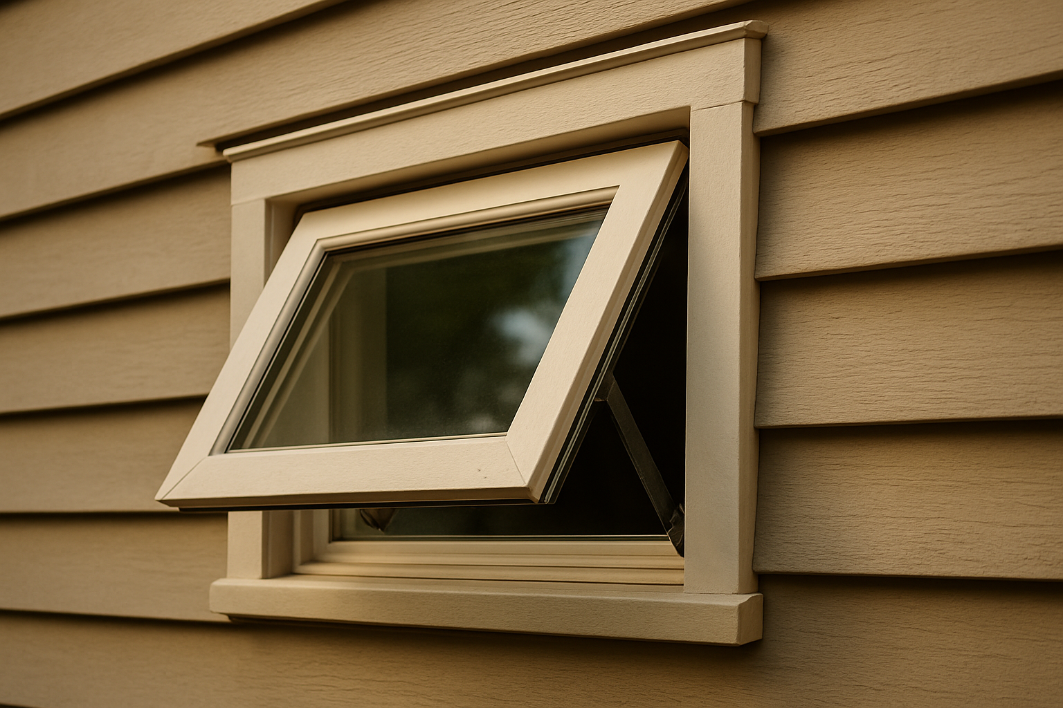 A close-up of the awning window on the facade of the house