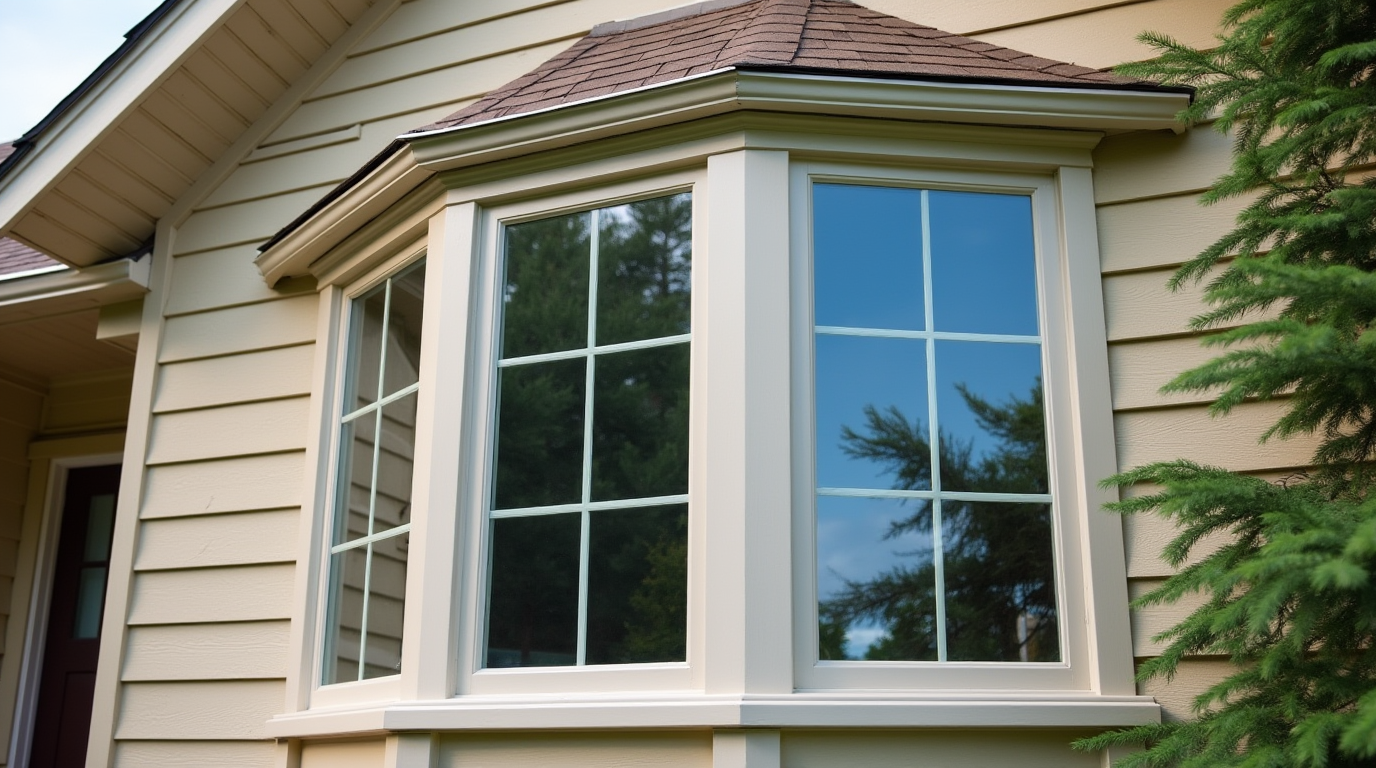 A close-up of the bay window on the facade of the house