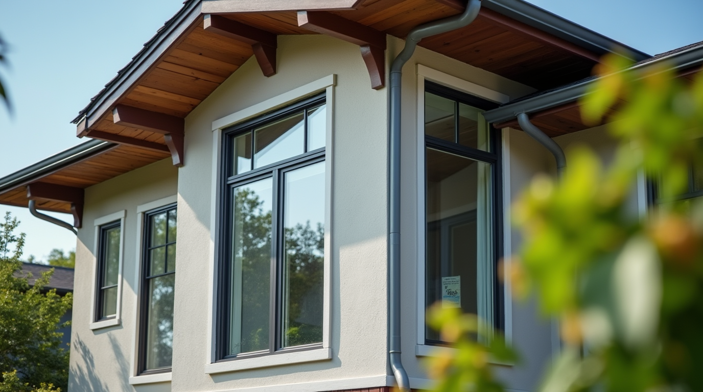 A close-up of the modern double hung window on the facade of the house