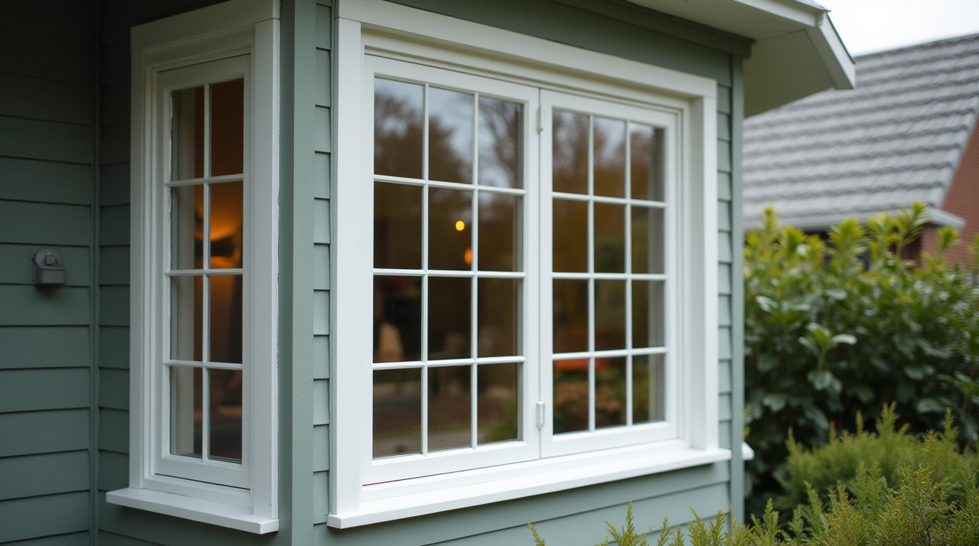A close-up of the double hung window on the facade