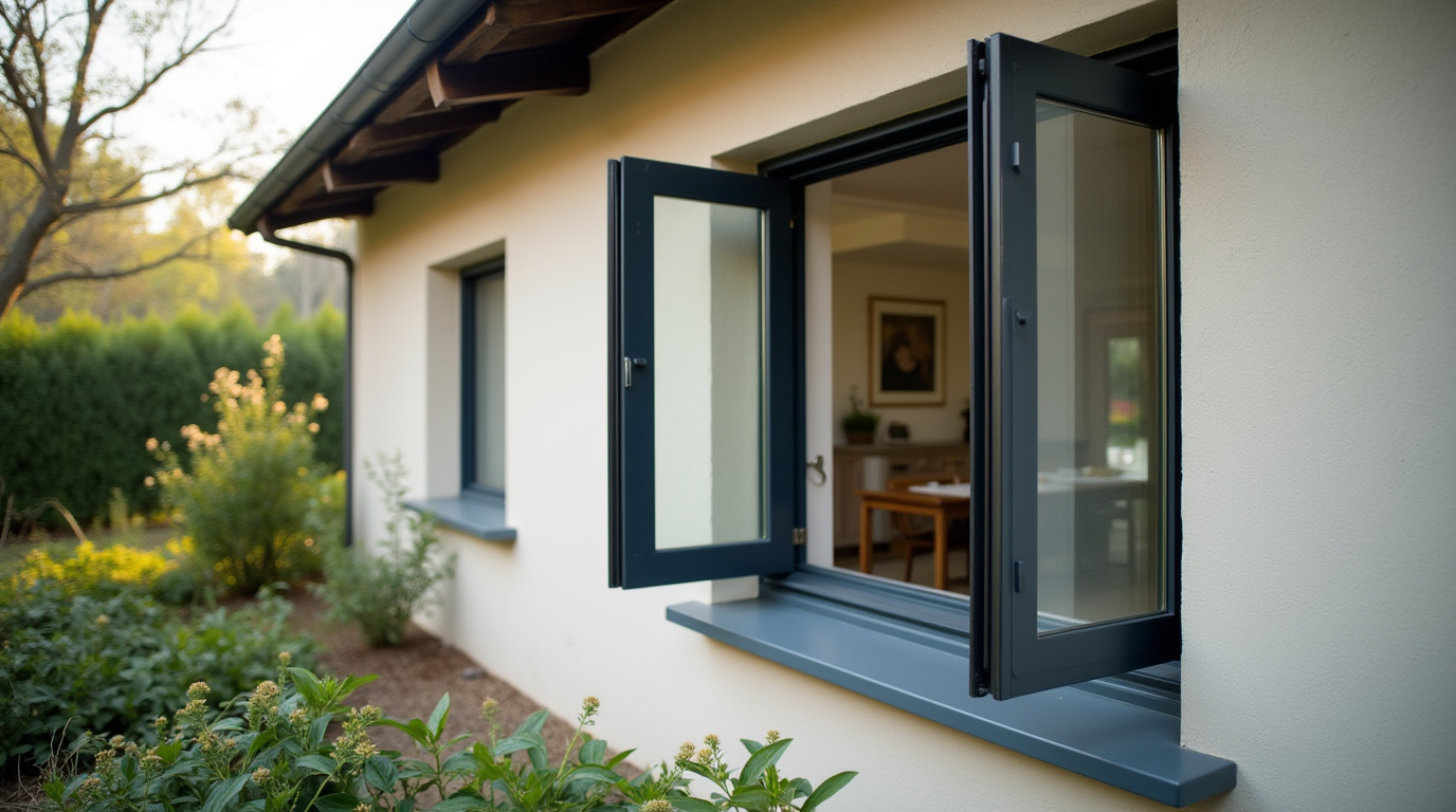 A close-up of the open casement window on the facade of the house