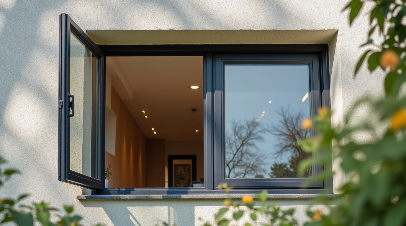 A close-up of the modern open casement window on the facade of the house