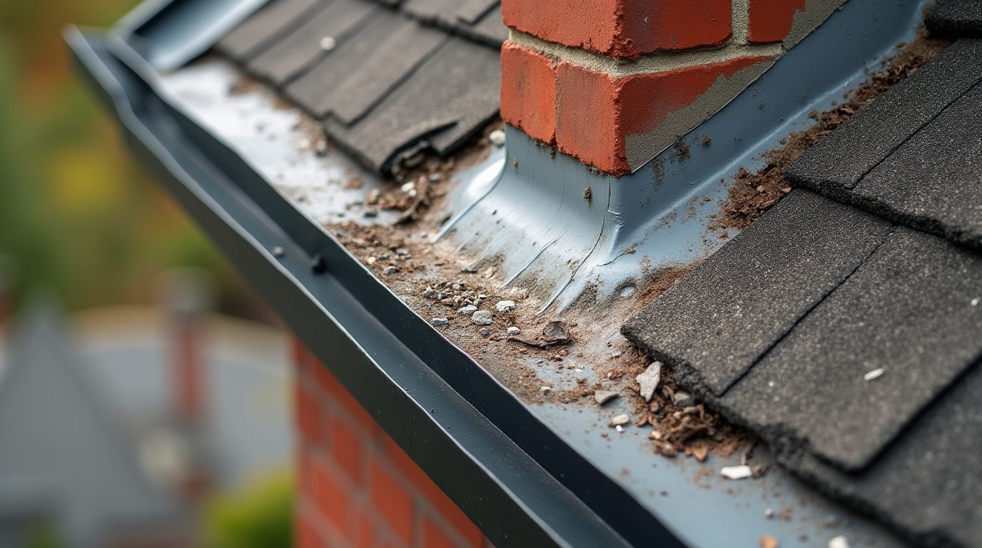 A close-up photo of damaged roof flashing around a chimney and wall intersection