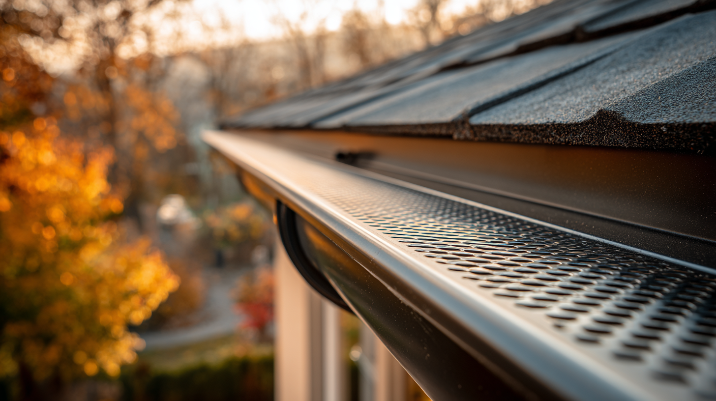 Close-up of black aluminum gutter guard on a shingle roof in autumn