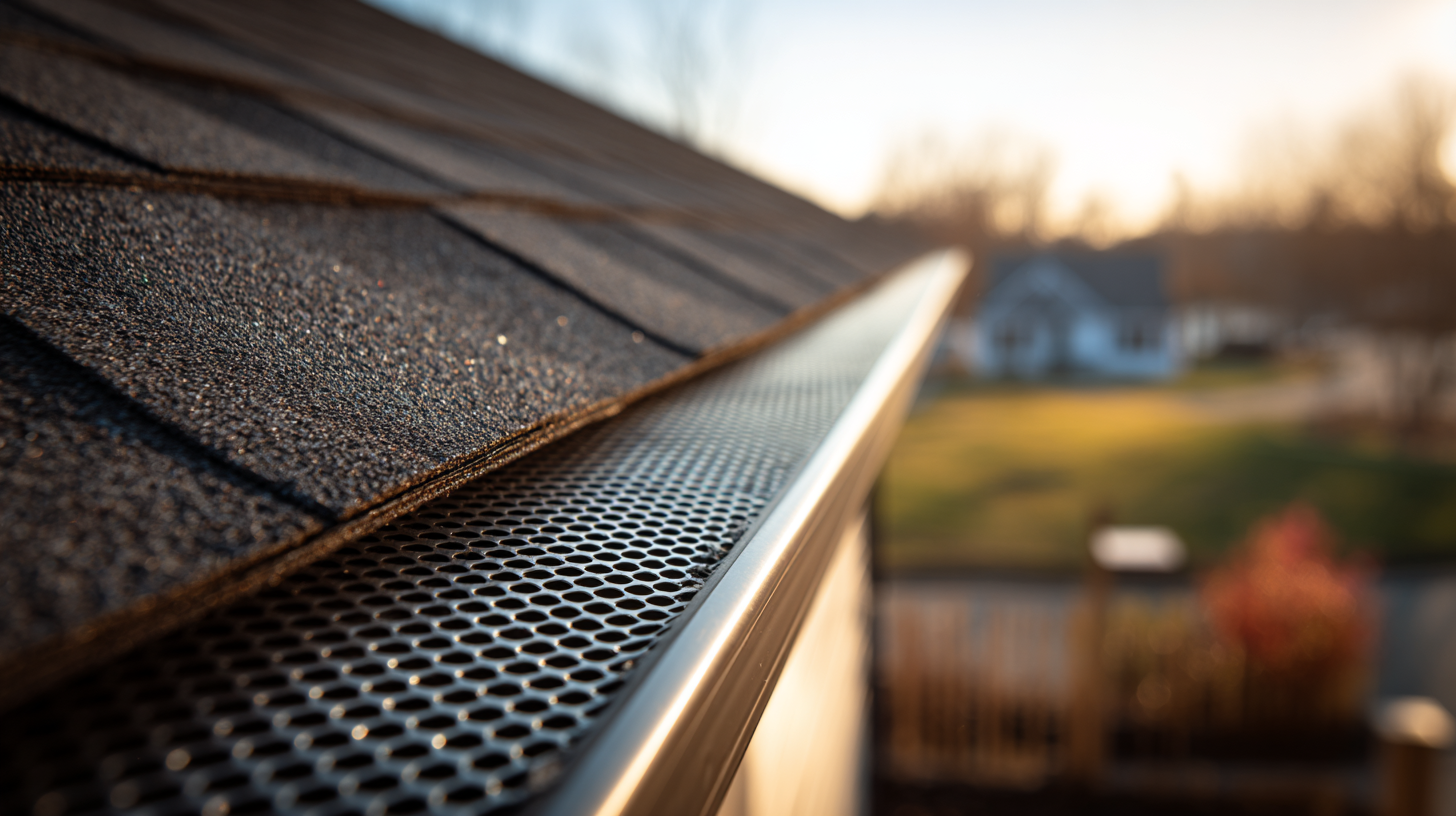 Metal gutter guard on asphalt shingle roof during sunset
