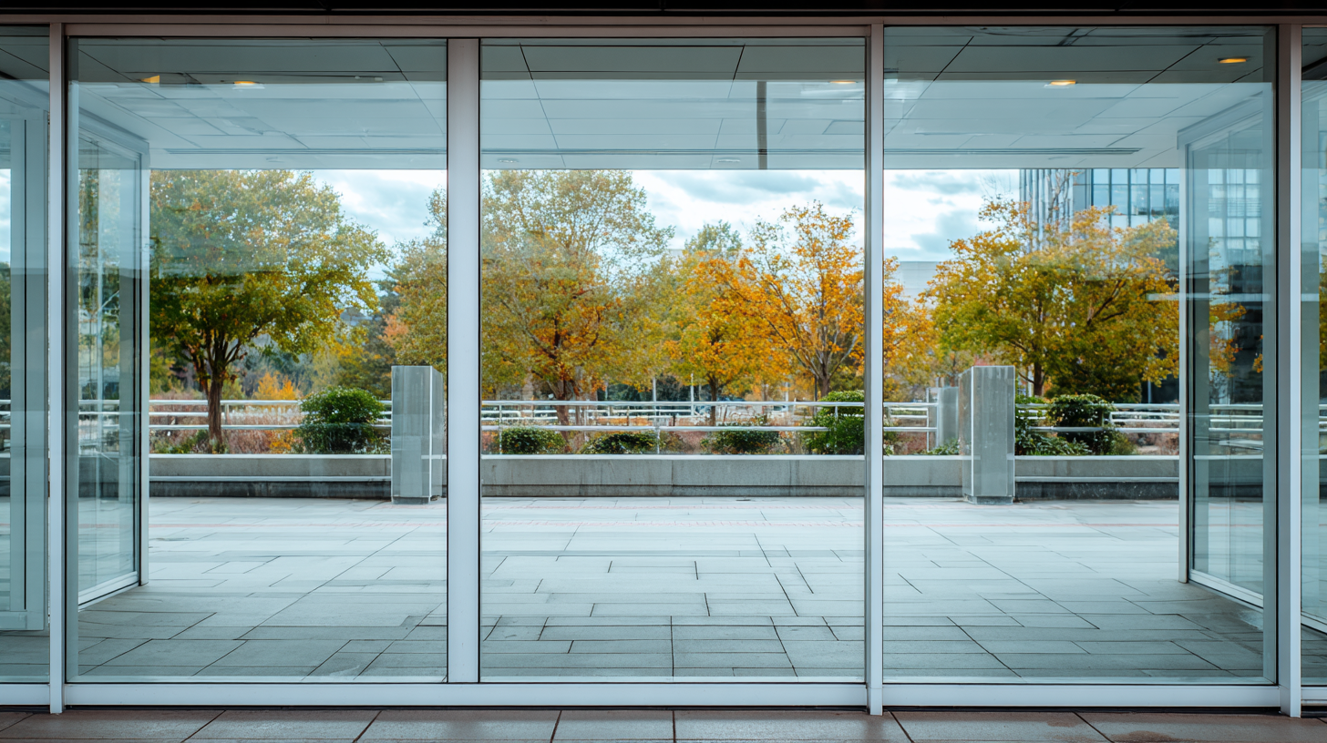 Large sliding glass doors with garden view