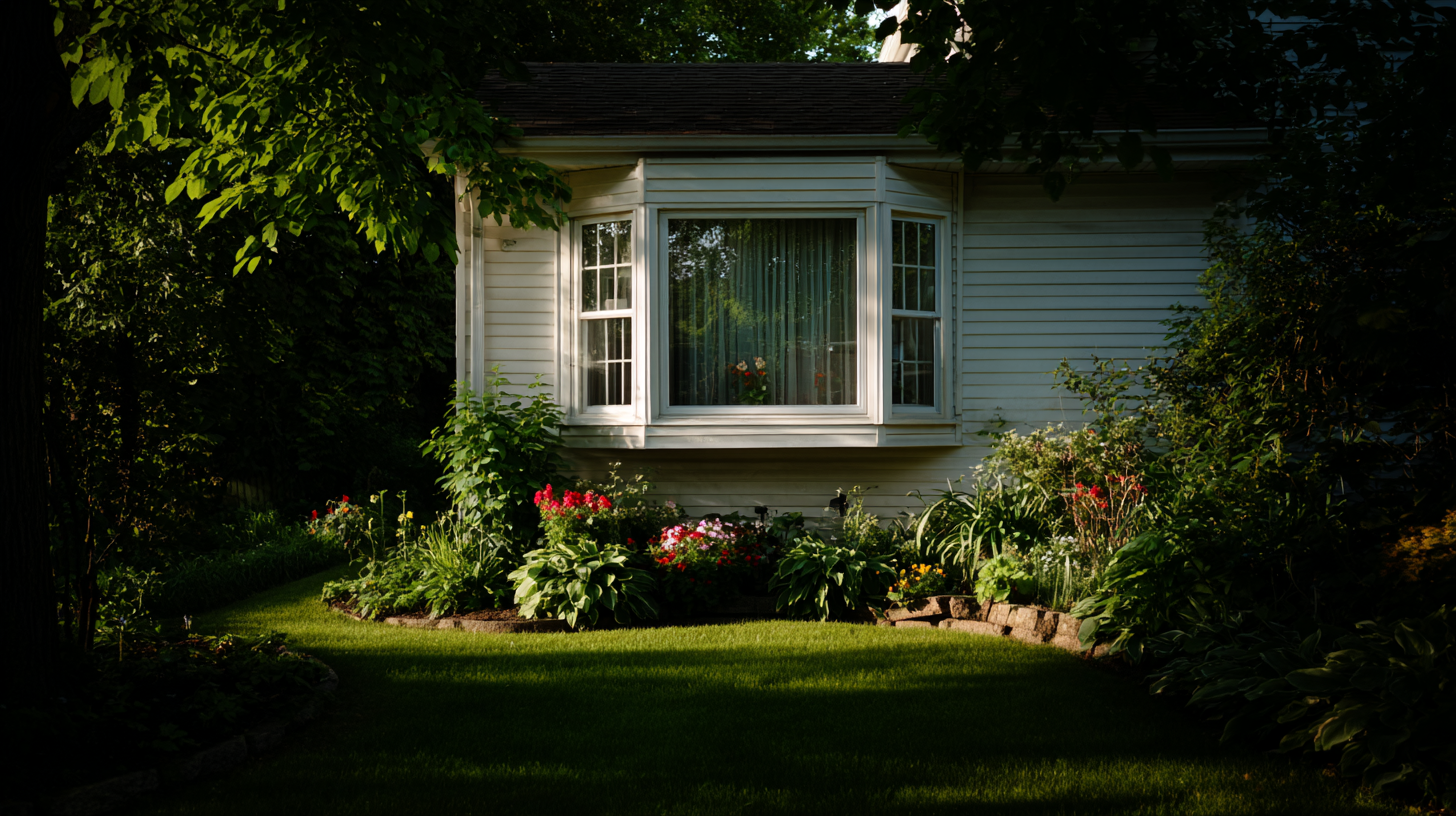 White bay garden window with flowers and garden view