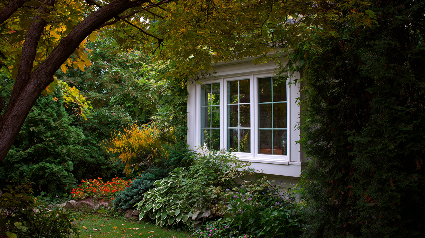 Large white bay garden window surrounded by lush plants