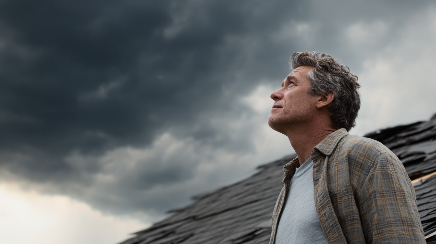 Homeowner looking up at dark storm clouds over a damaged roof