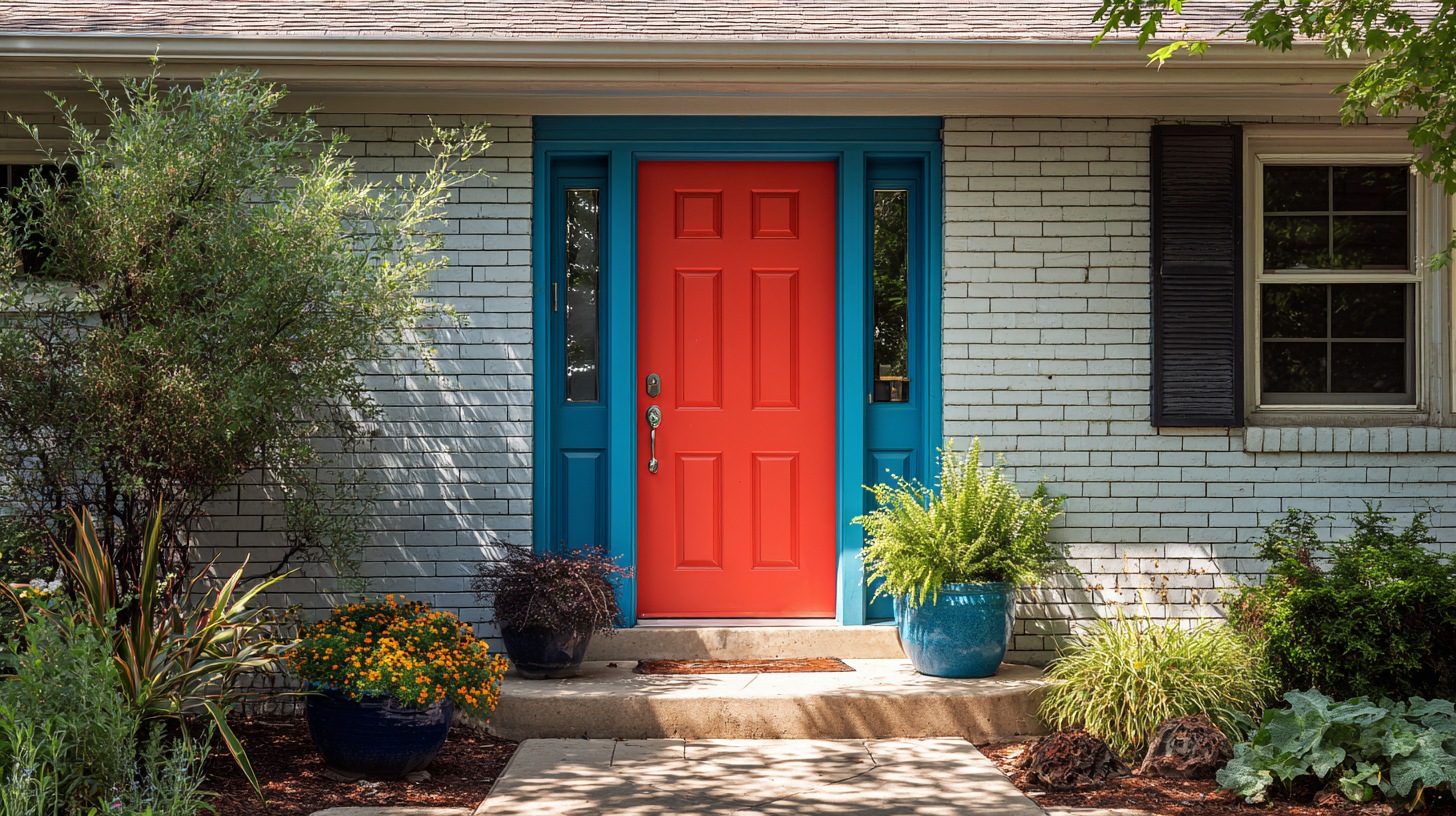 Bright red front door with blue trim on a suburban brick house entryway