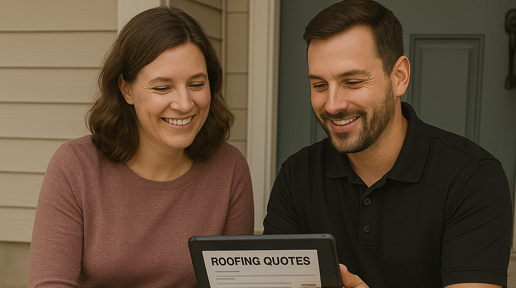 Smiling homeowners reviewing roofing quotes on a tablet