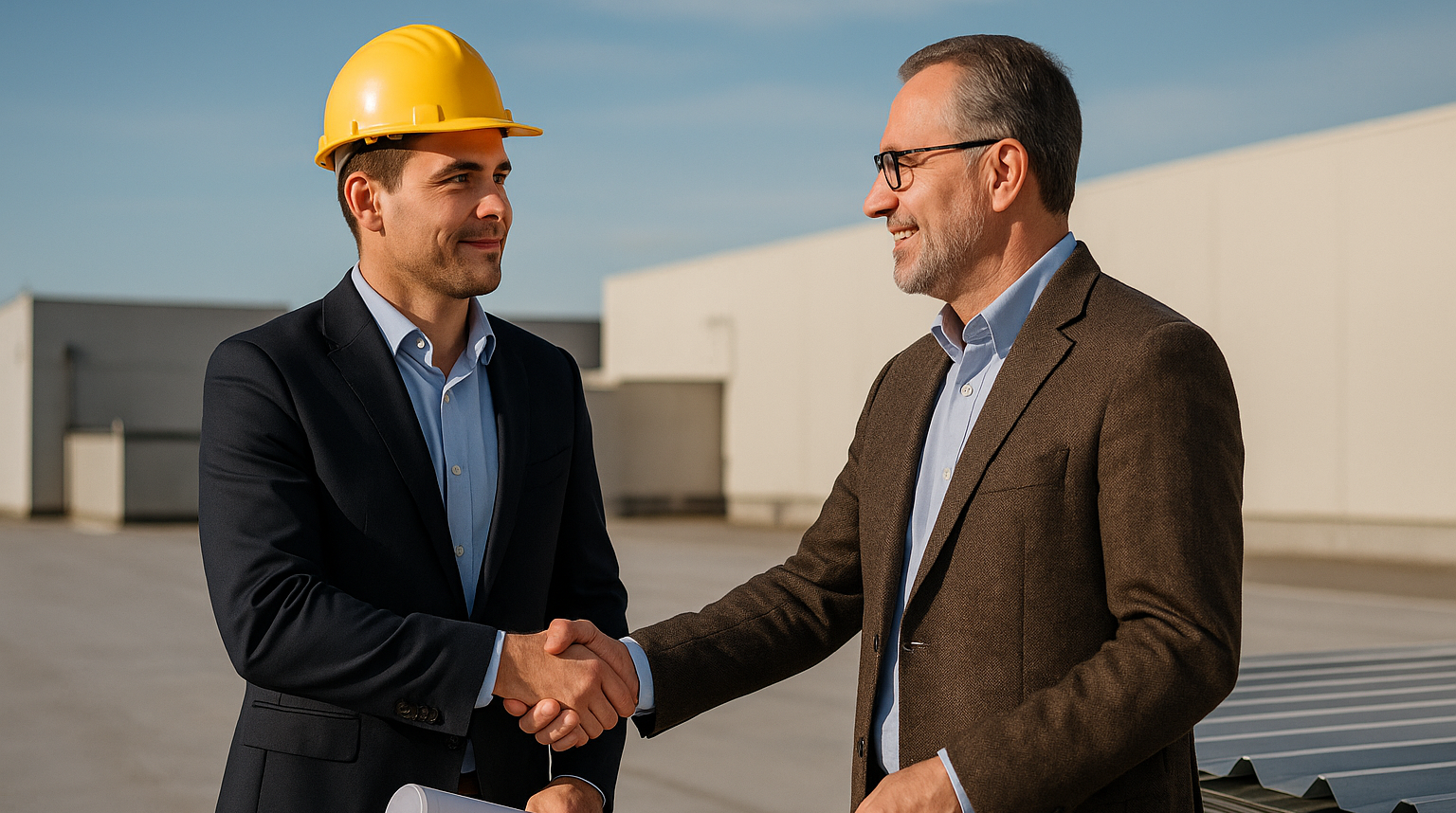 Project manager shaking hands with a commercial property owner on a rooftop