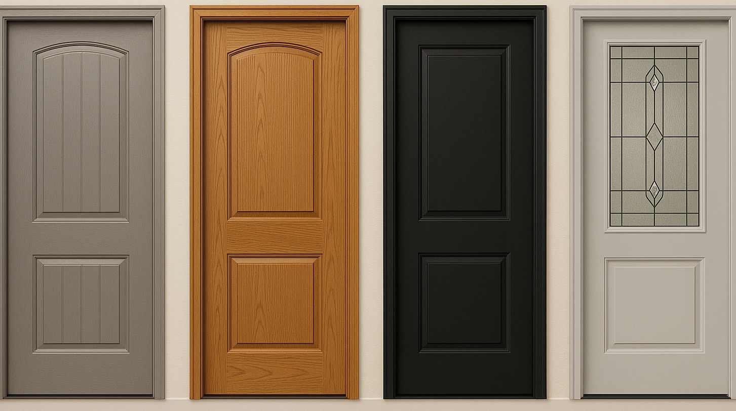 Comparison of four front door types: fiberglass, solid wood, steel, and glass insert