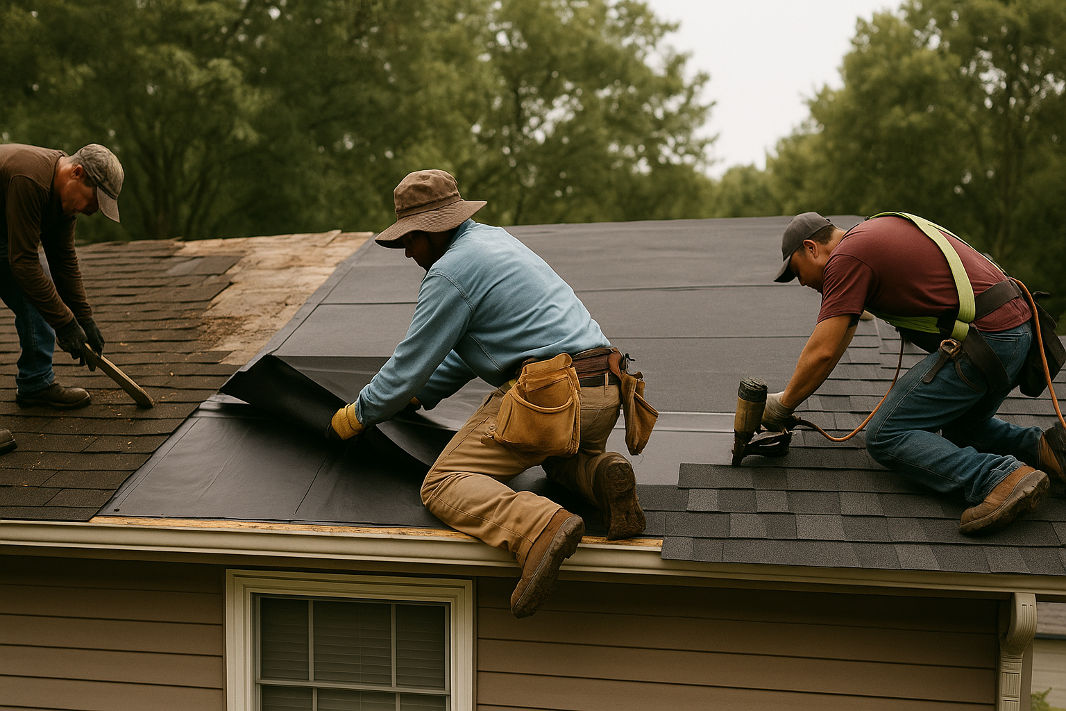 Team of roofing contractors installing new shingles and underlayment on a residential roof