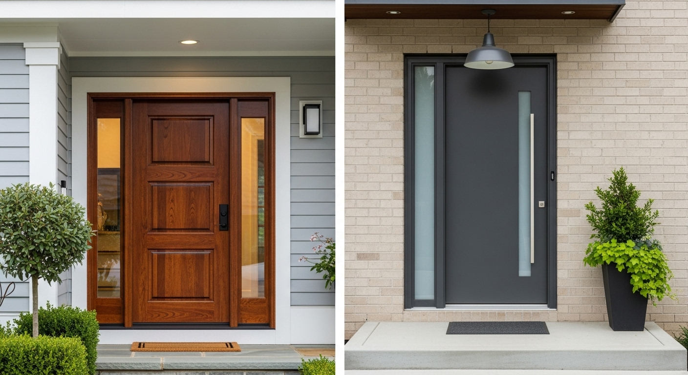 Side-by-side view of fiberglass wood-style front door and modern steel front door on different homes
