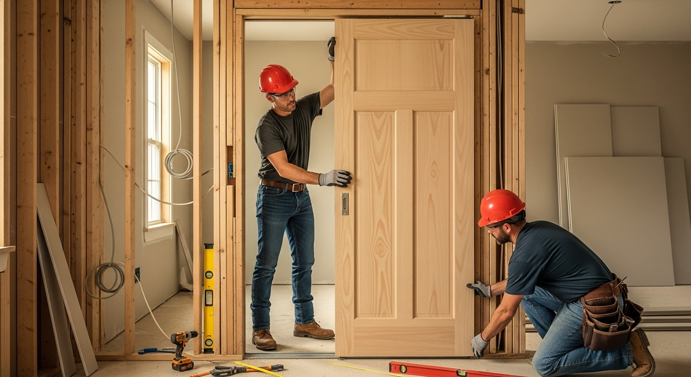 Construction workers installing a pocket door inside wall frame