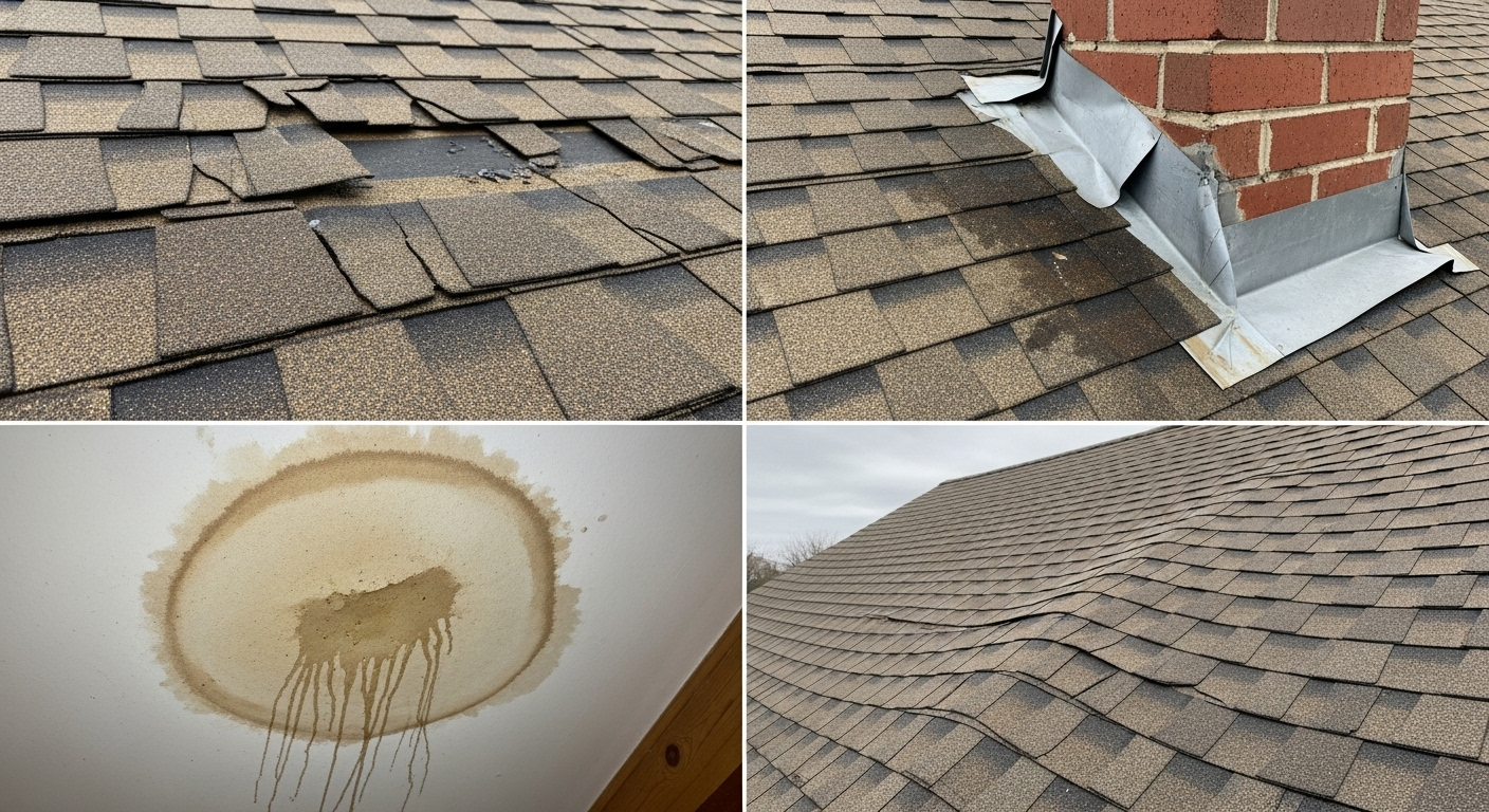 Collage of roof damage and leaks