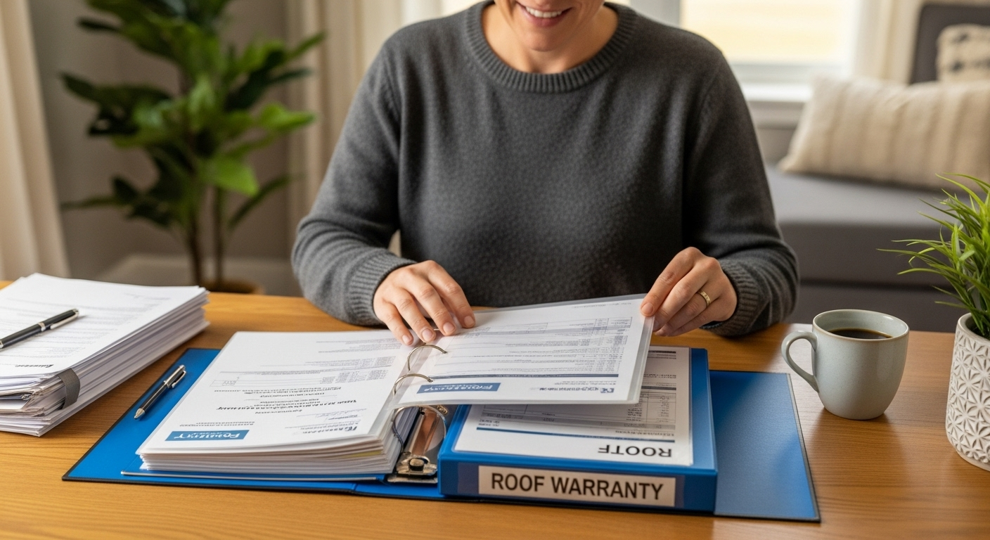 Homeowner reading roof warranty binder