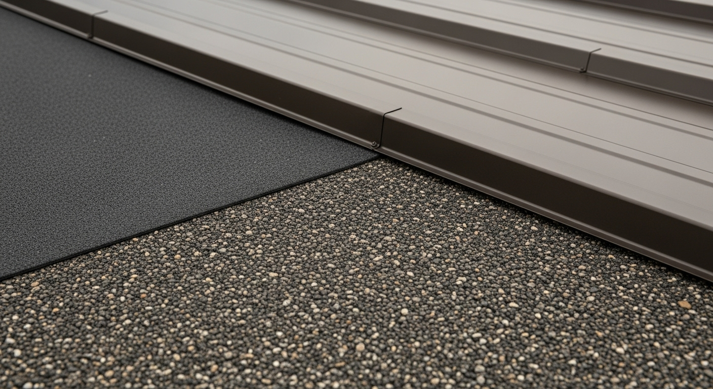 Close-up of commercial flat roof materials including metal and gravel