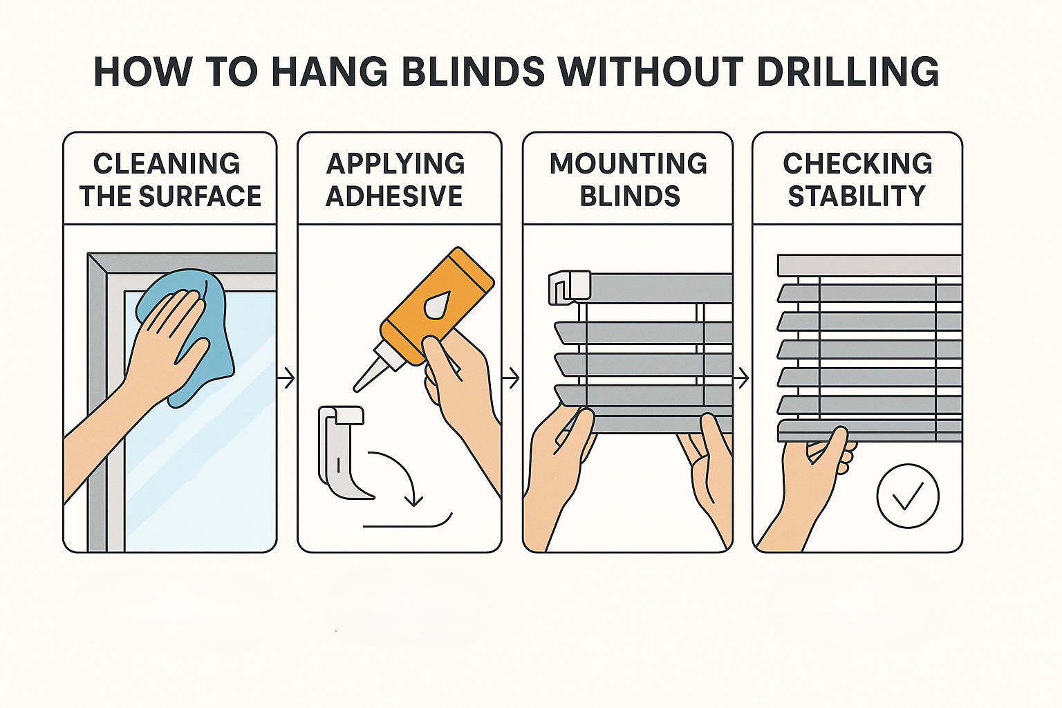 Step-by-step infographic showing how to hang blinds without drilling