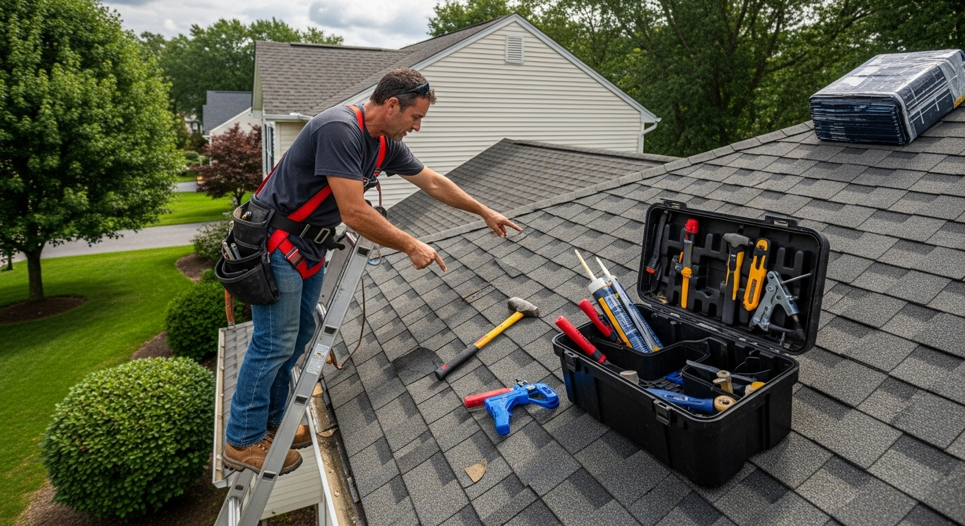 Roofer inspecting shingles with tools on roof