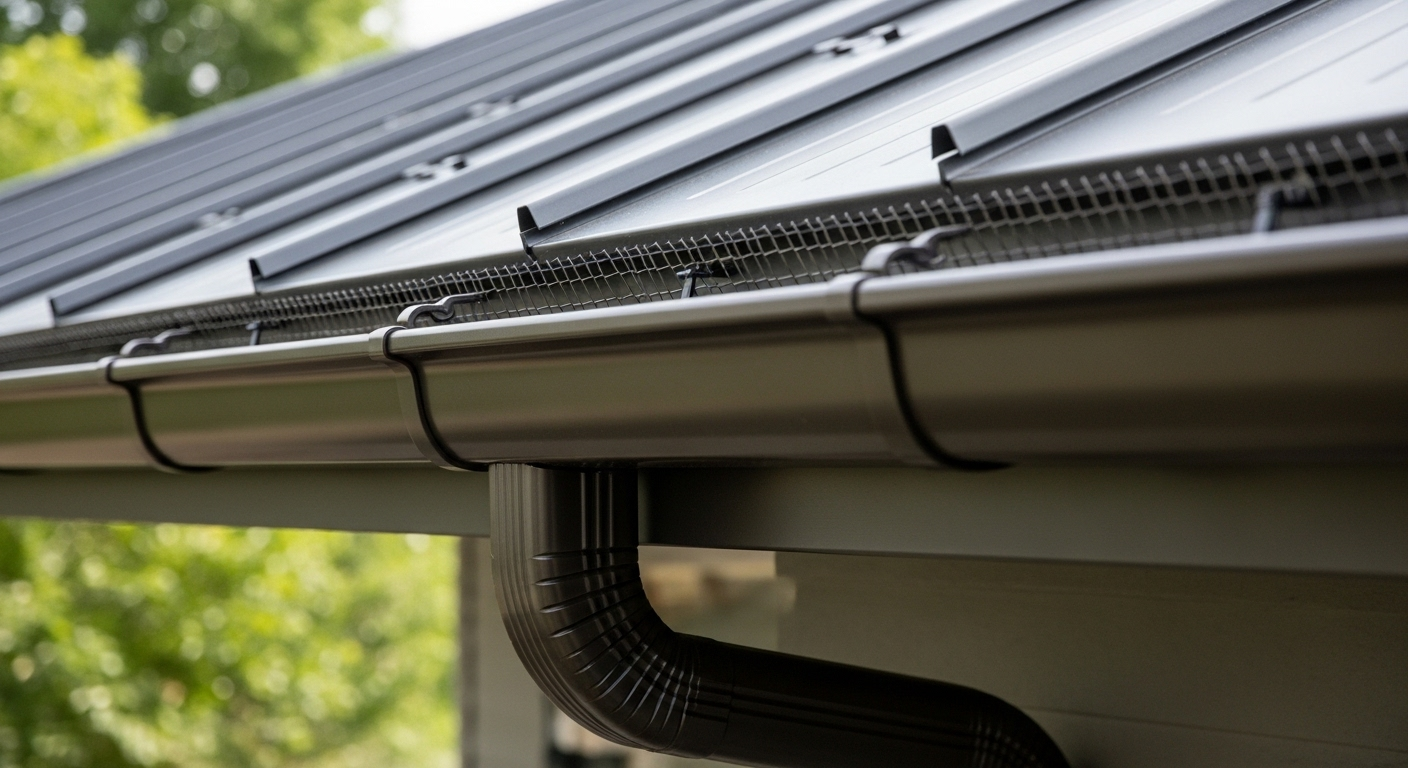 Metal roof with clean gutters and downspout system