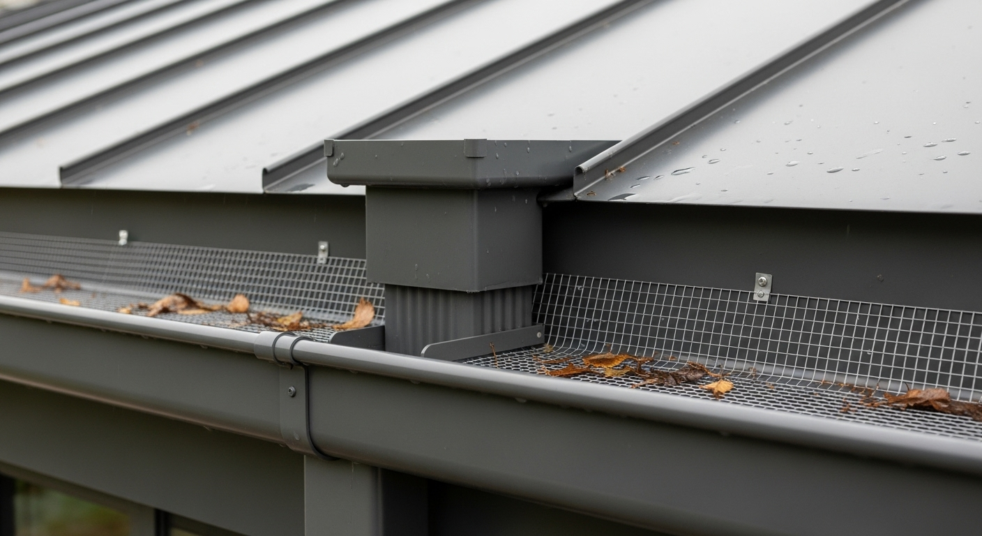 Close-up of a metal roof with leaf guards on the gutters