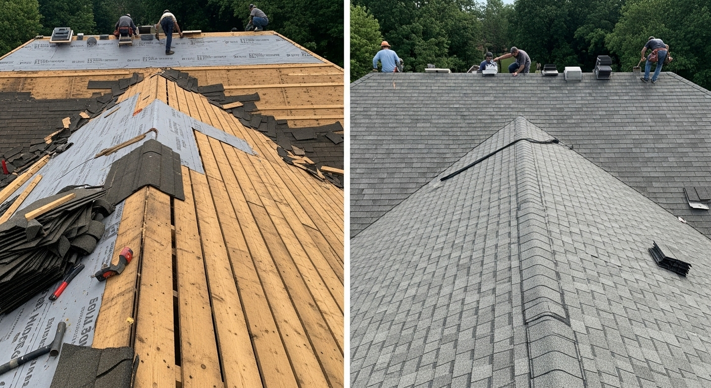 Roof replacement process with workers installing new shingles