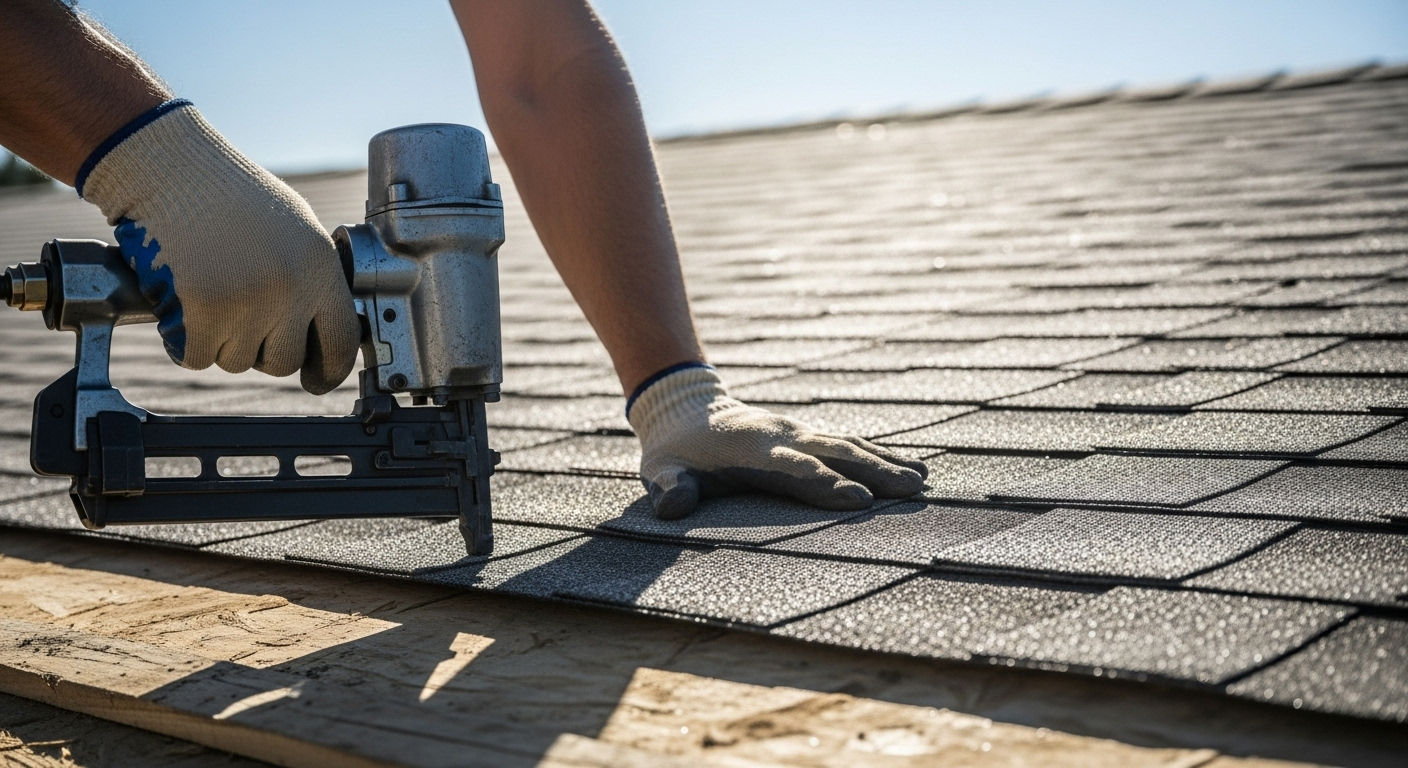 Worker installing asphalt shingles with a nail gun