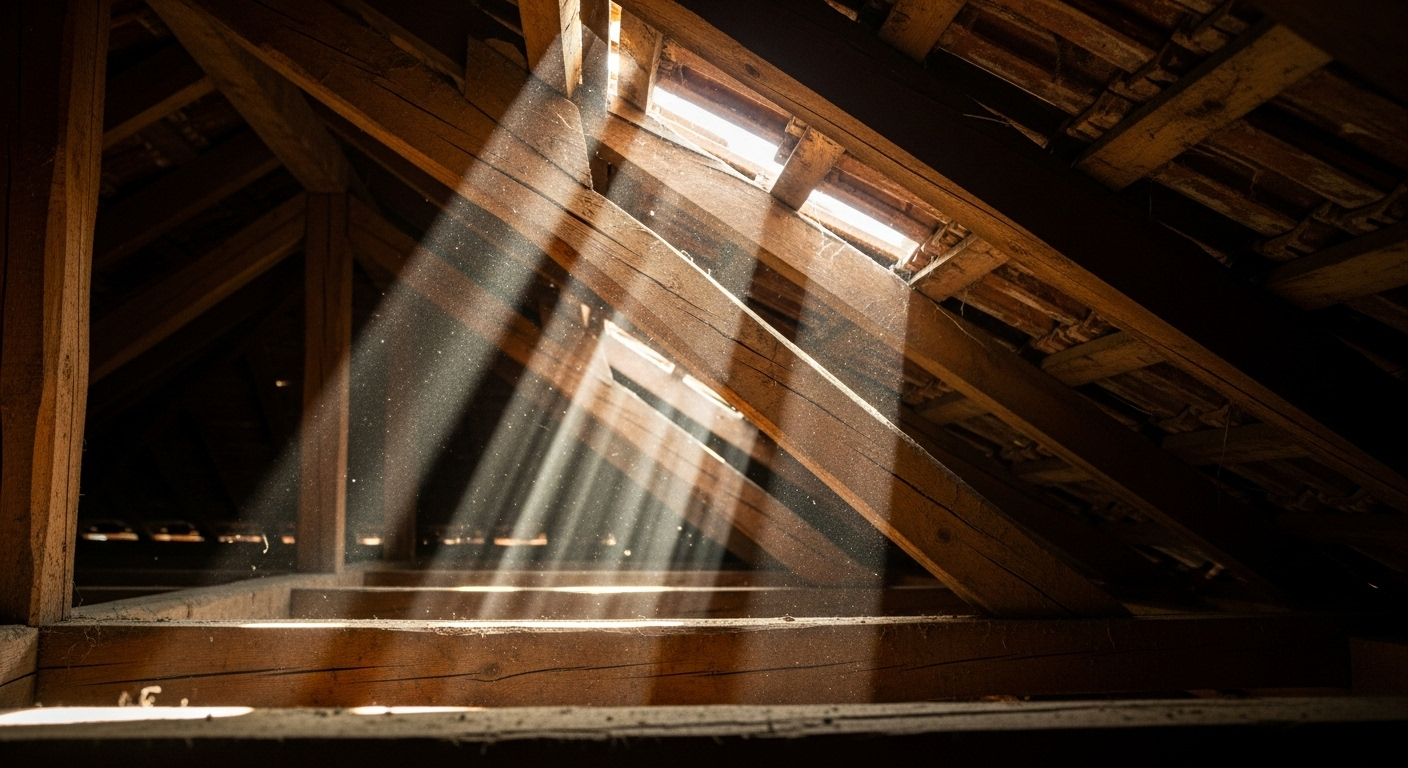 Sunlight streaming through gaps in an old attic roof