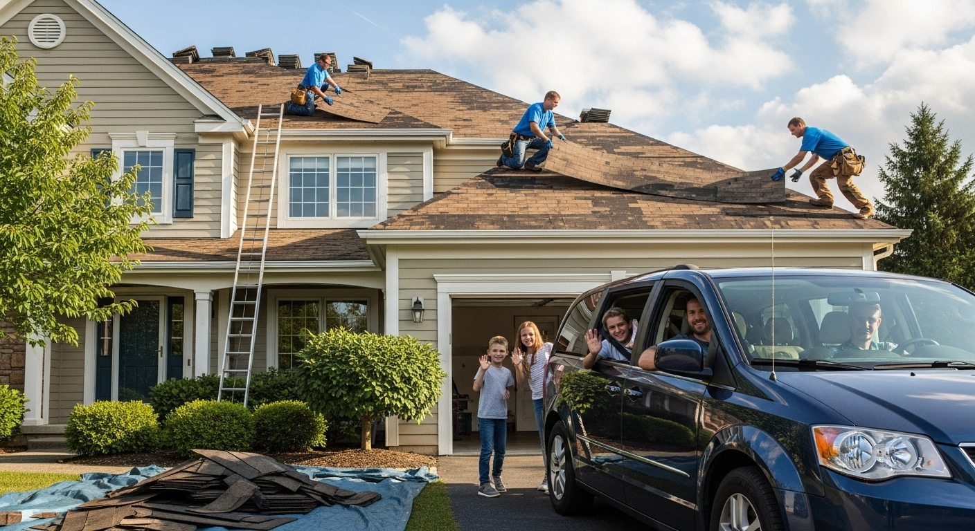 Family leaving home as roofers replace shingles