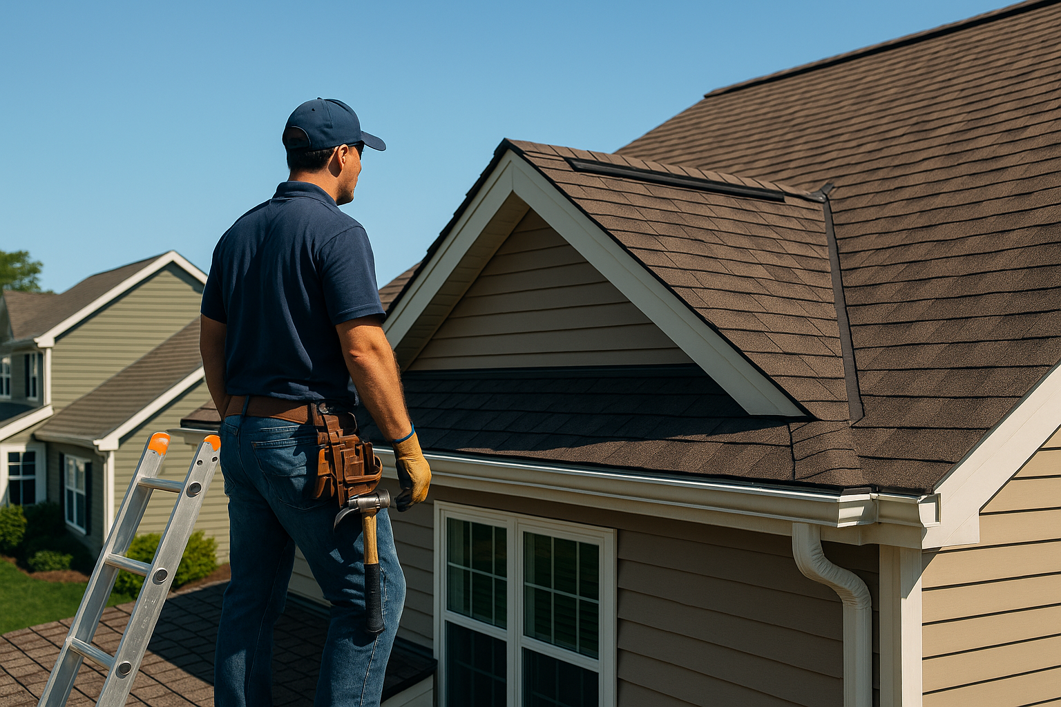 Roofer inspecting asphalt shingle roof