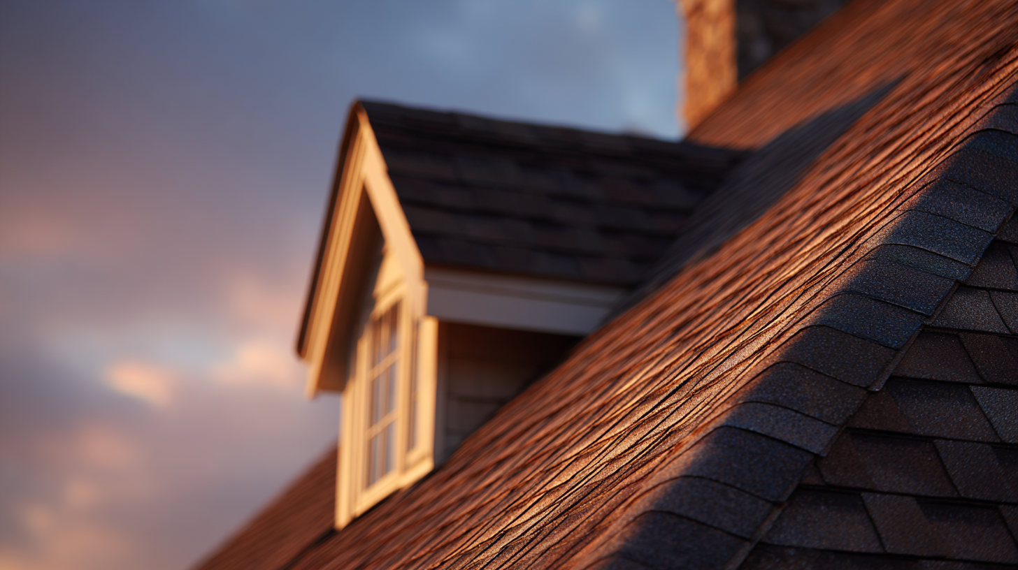 Asphalt shingle roof at sunset