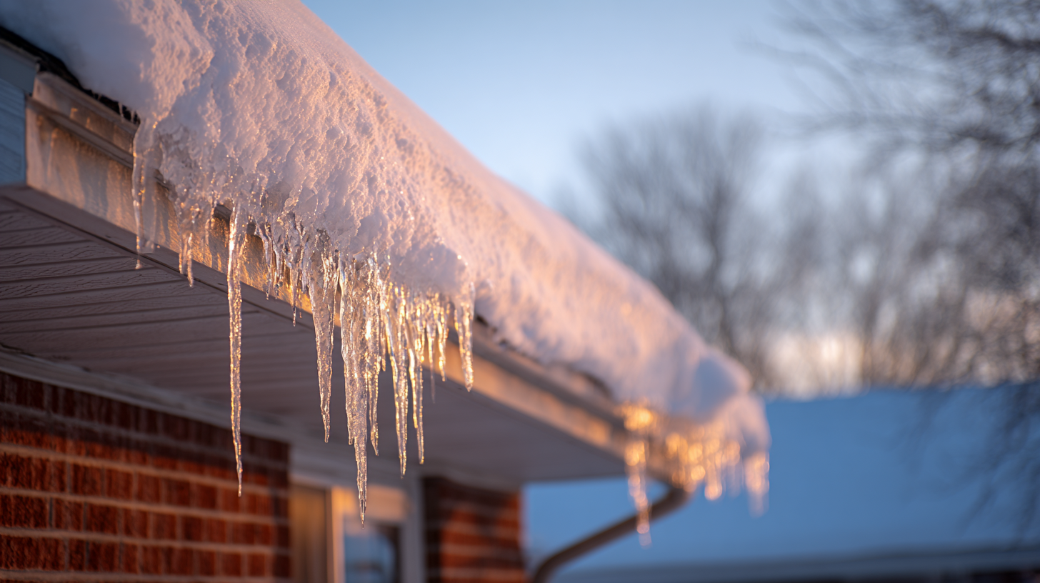 Roof edge with icicles and snow buildup