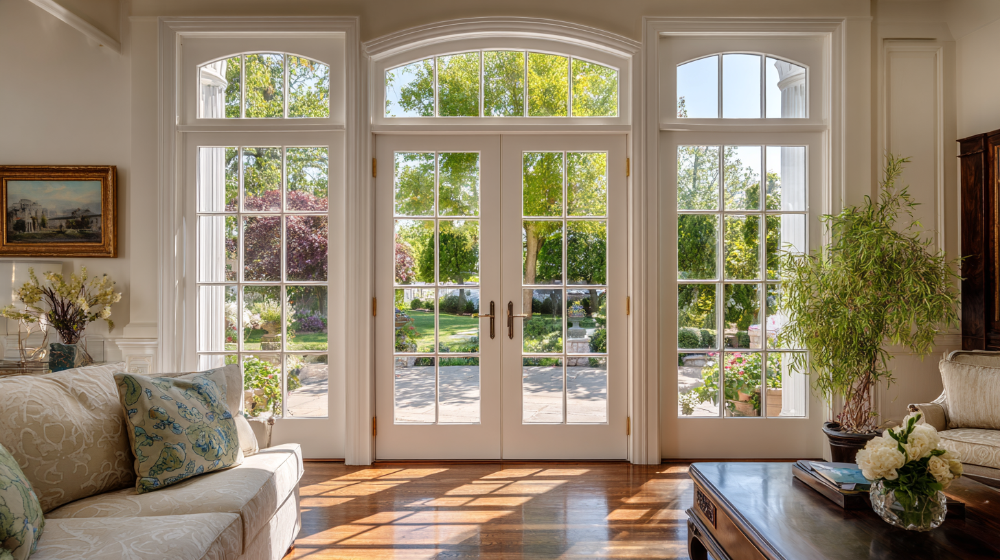 French doors with sidelights and an arched transom bringing natural light into a living room