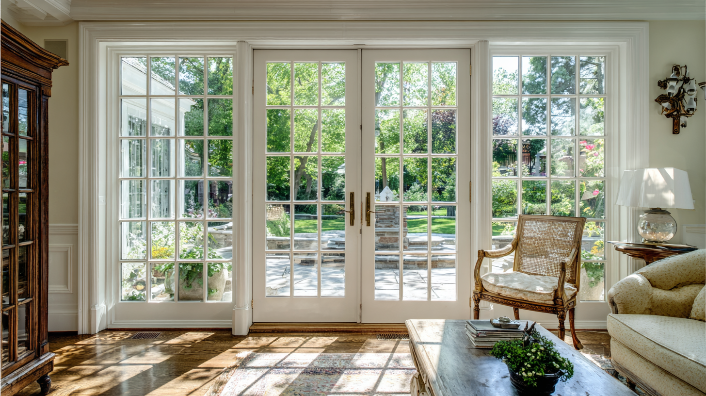 Traditional double French doors with divided glass panes overlooking a sunny backyard