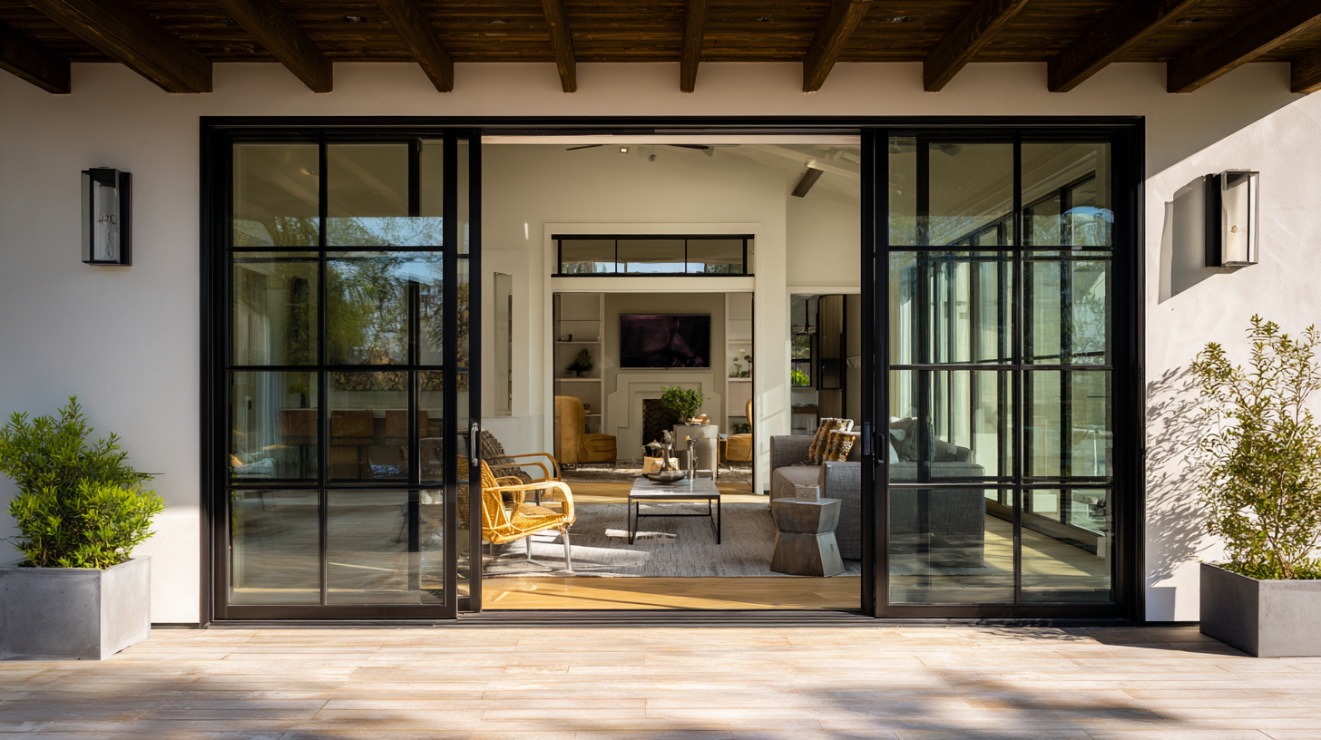 Modern sliding French doors with black aluminum frames opening to a contemporary living area
