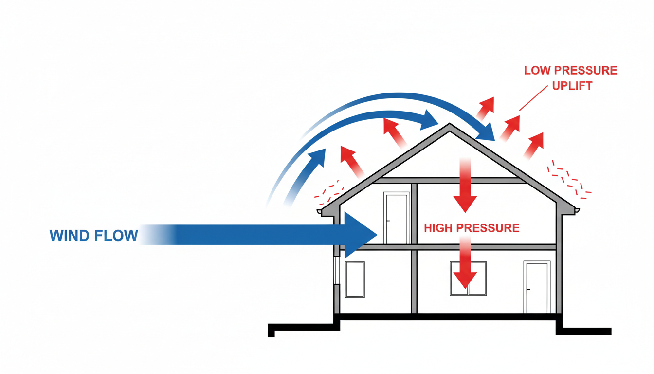 Wind pressure diagram showing uplift forces and high pressure on a house during high winds
