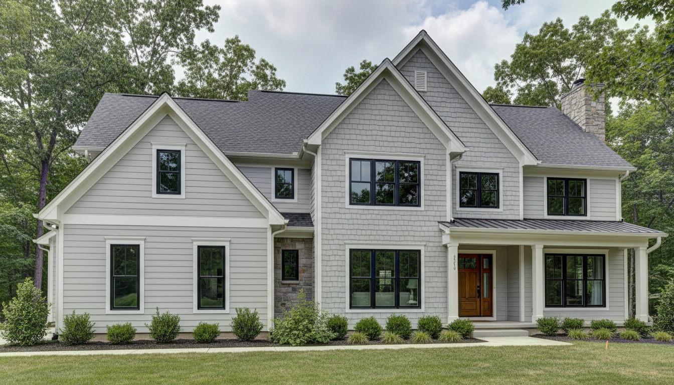 Home exterior with straight lap siding on lower level and Dutch lap siding accents on upper gables