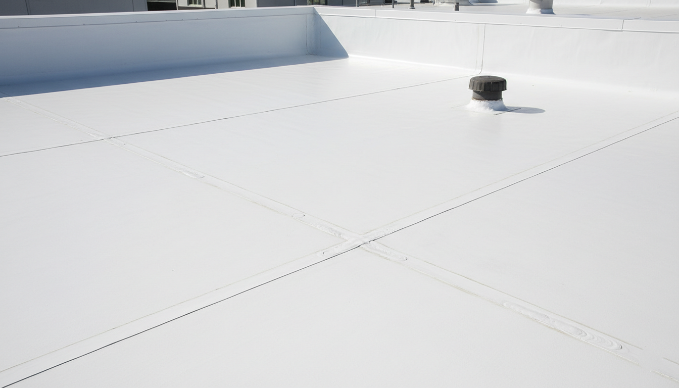 TPO single-ply membrane roof with heat-welded seams on commercial property