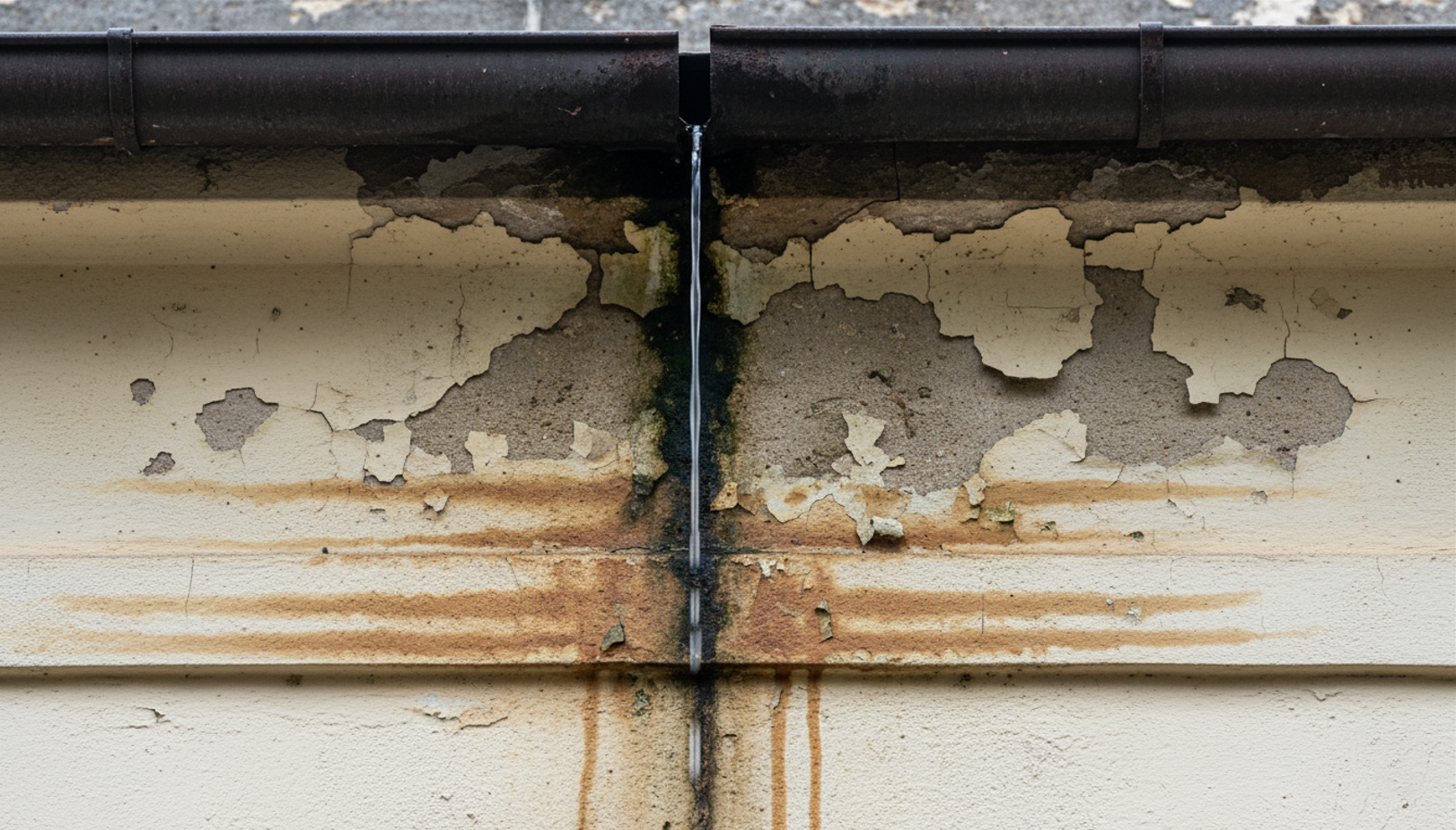 Leaking gutter joint causing water stains and paint damage on fascia board