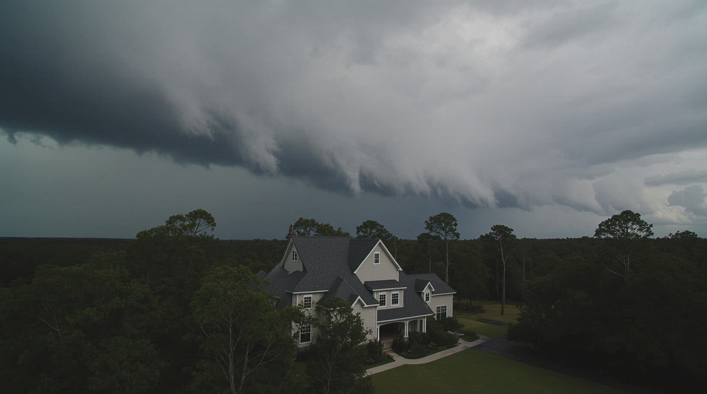 Home with hip roof bracing for approaching hurricane and severe storm