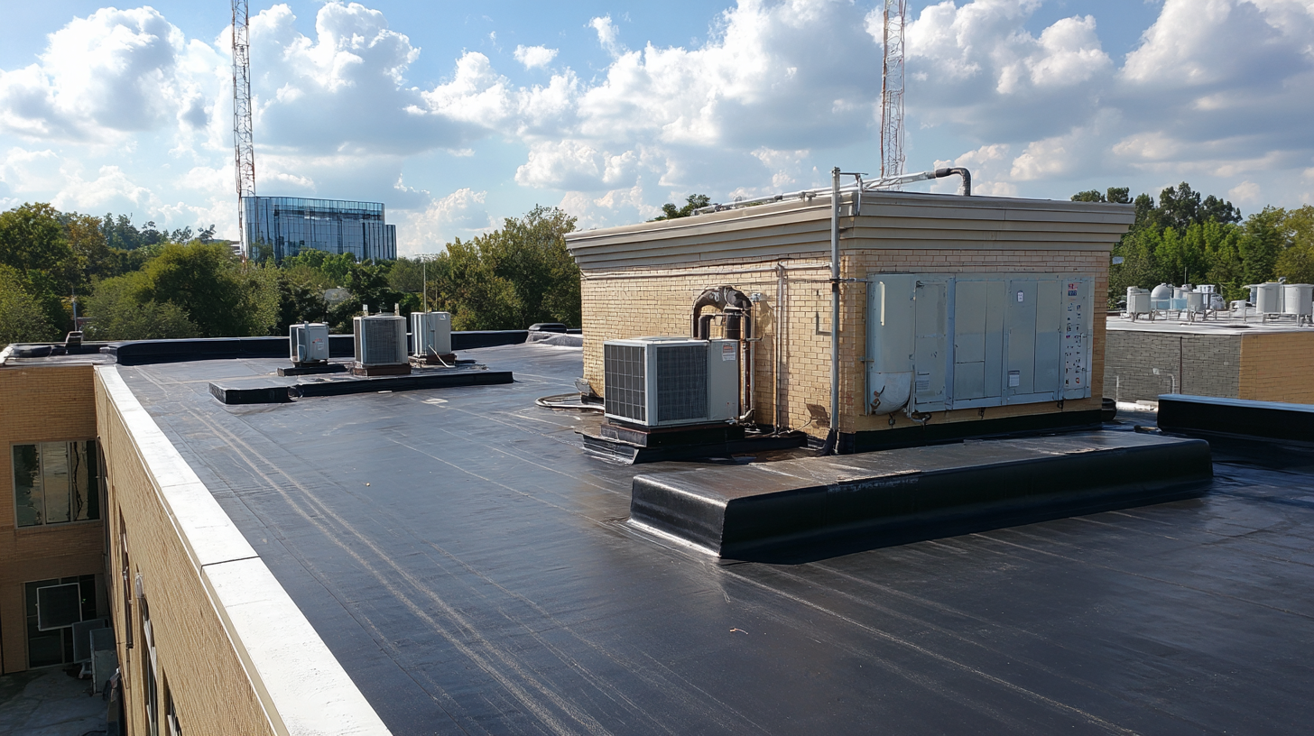 EPDM rubber roofing on commercial office building with rooftop HVAC units