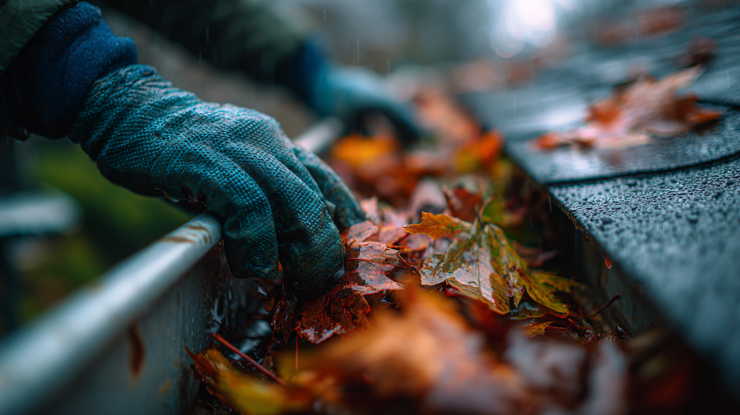 Gutter cleaning service removing leaves and debris by hand