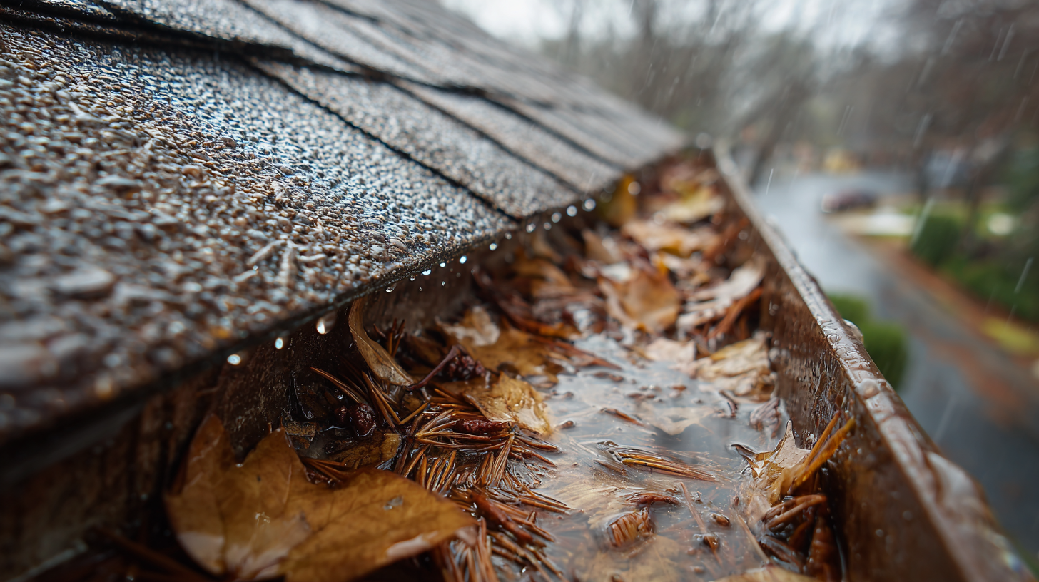 Clogged gutter filled with leaves and pine needles after fall season