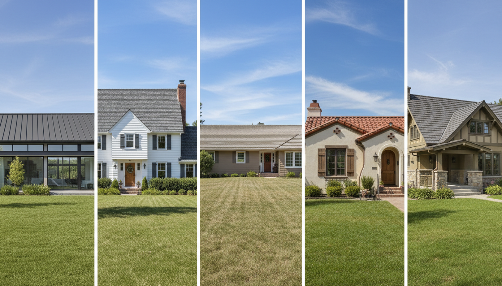 Comparison of roofing styles across different home designs