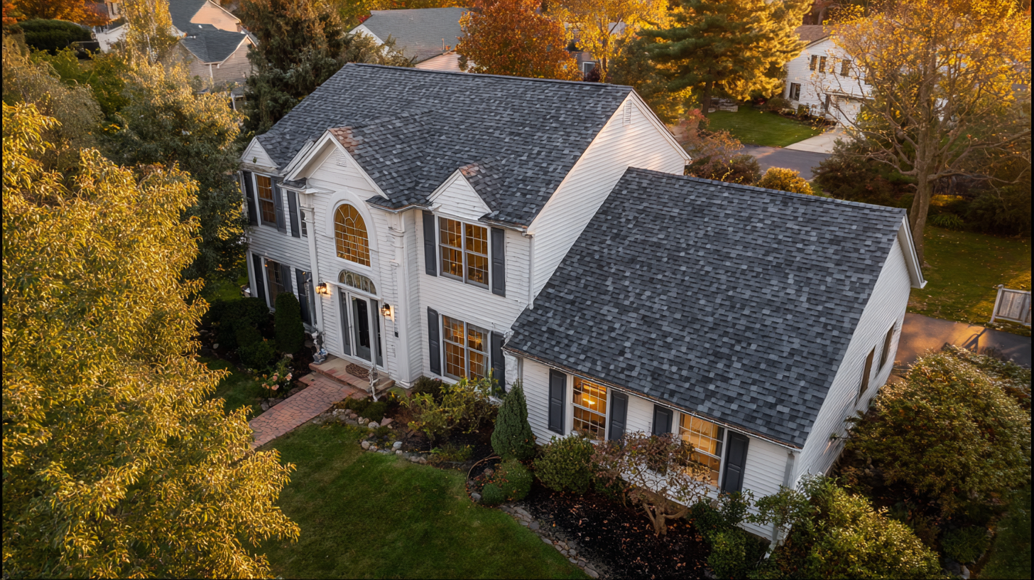 Aerial view of NJ colonial home with new gray asphalt shingle roof
