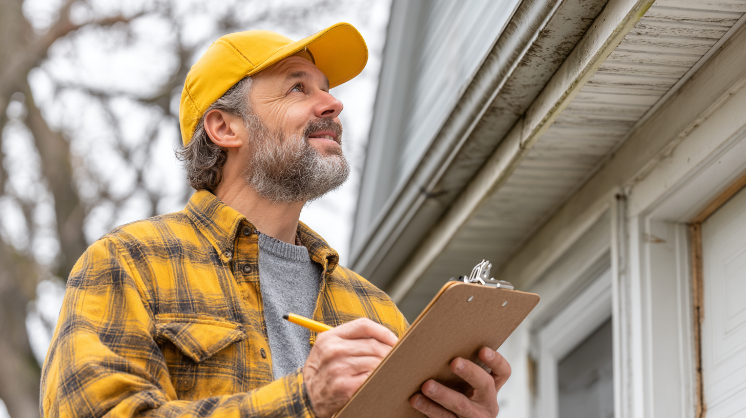 Home inspector examining roof edge and gutters on a house in NJ